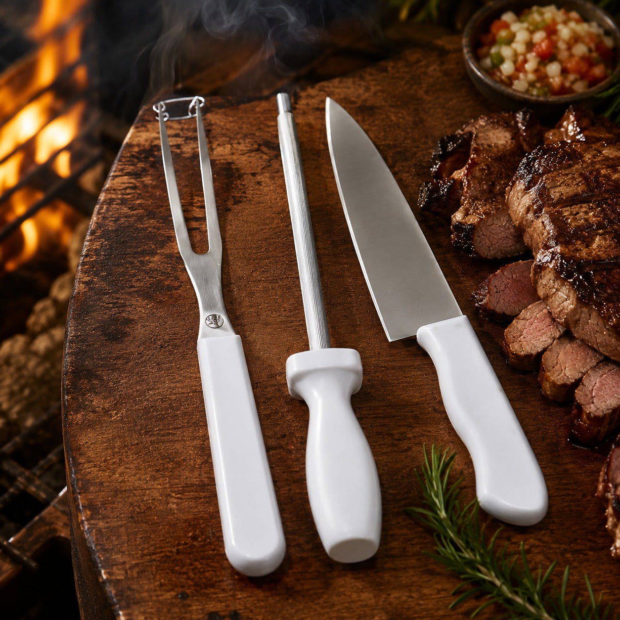 Conjunto Para Churrasco Com 3 Peças Garfo Chaira e Faca