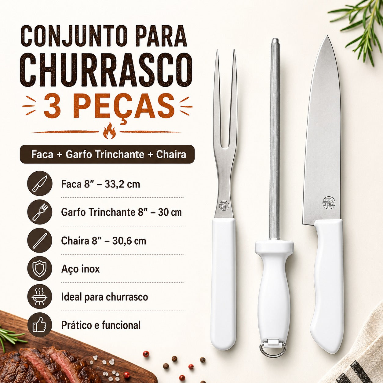 Conjunto Para Churrasco Com 3 Peças Garfo Chaira e Faca
