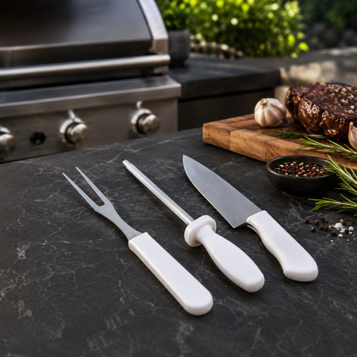 Conjunto Para Churrasco Com 3 Peças Garfo Chaira e Faca