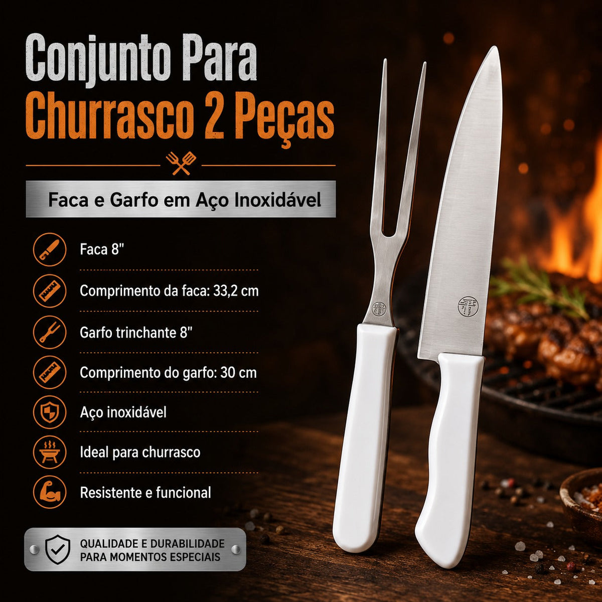 Conjunto Para Churrasco 2 Peças Garfo e Faca Aço Inoxidável